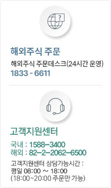 해외주식 주문 해외주식 주문 데스크(24시간 운영) 1833-6611, 고객지원센터 국내: 1588-3400 해외: 82-2-2062-6500 고객지원센터 상담가능시간: 평일 08:00 ~ 18:00 (18:00 ~ 20:00 주문만 가능)