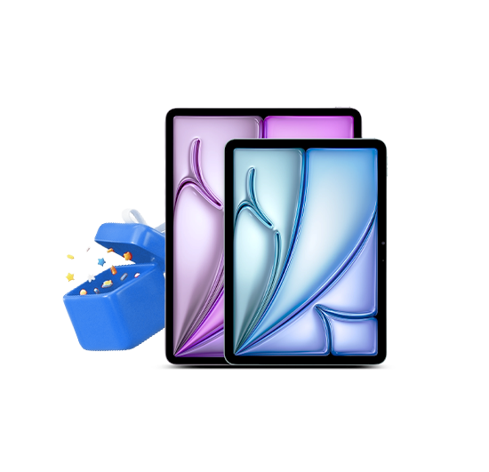 태블릿 뒤에 선물상자가 열리는 모양 배너