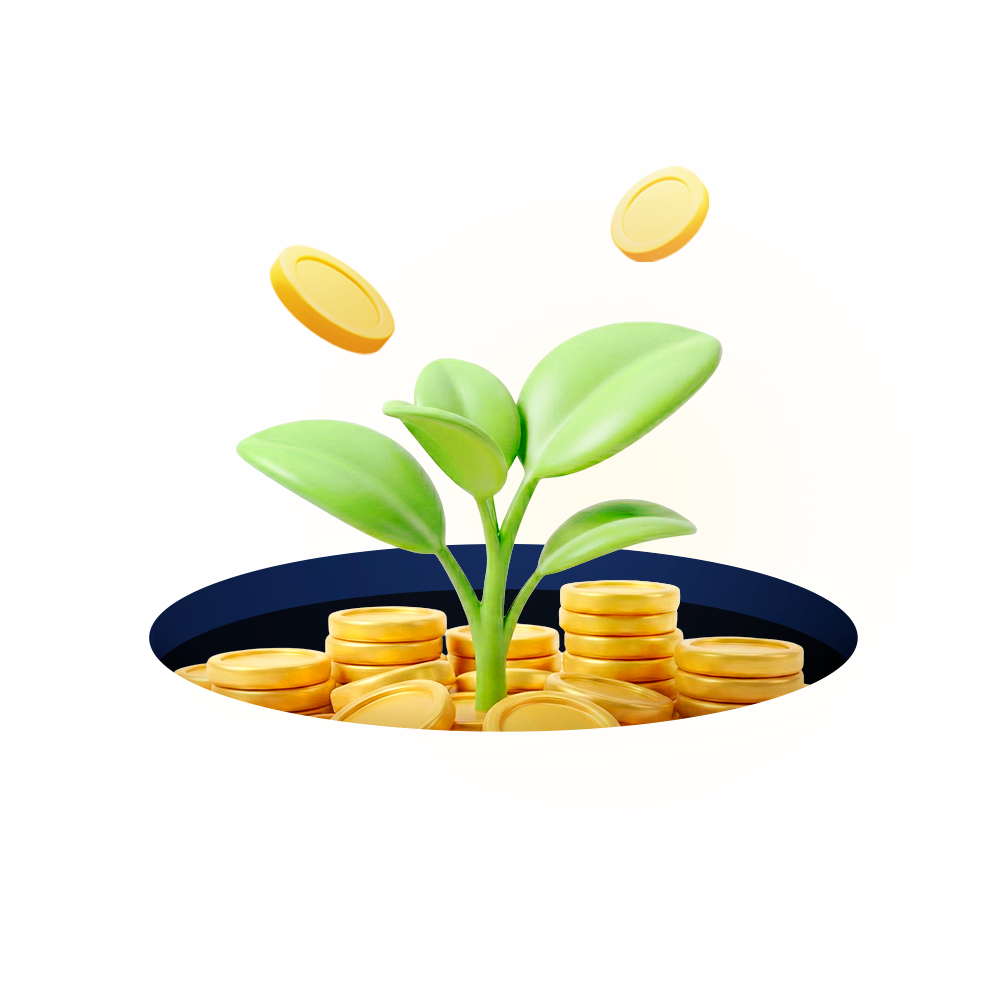 금화가 들어있는 화분에 새싹이 피어난 모양 배너