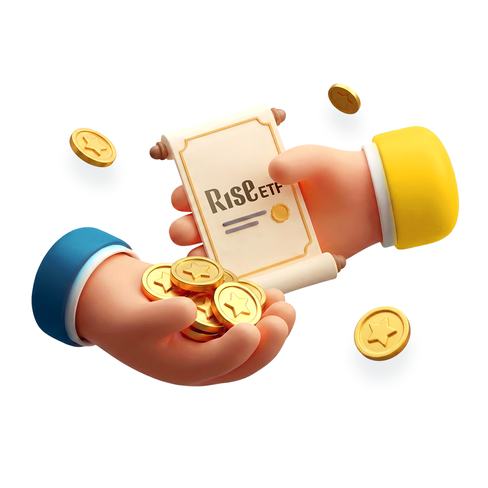 손으로 RISE ETF 증서와 금화를 들고 있는 모양 배너