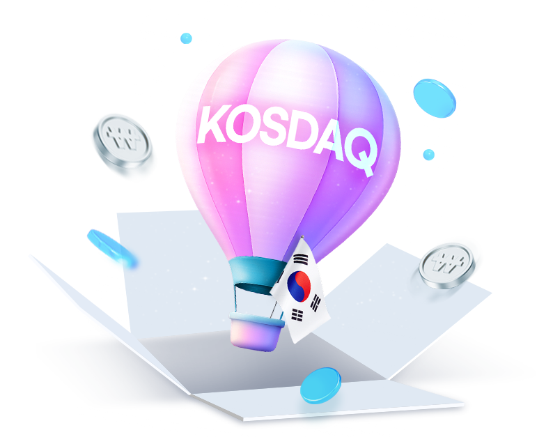 태극기를 매단 KOSDAQ이 쓰여진 열기구가 올라가는 모양 배너