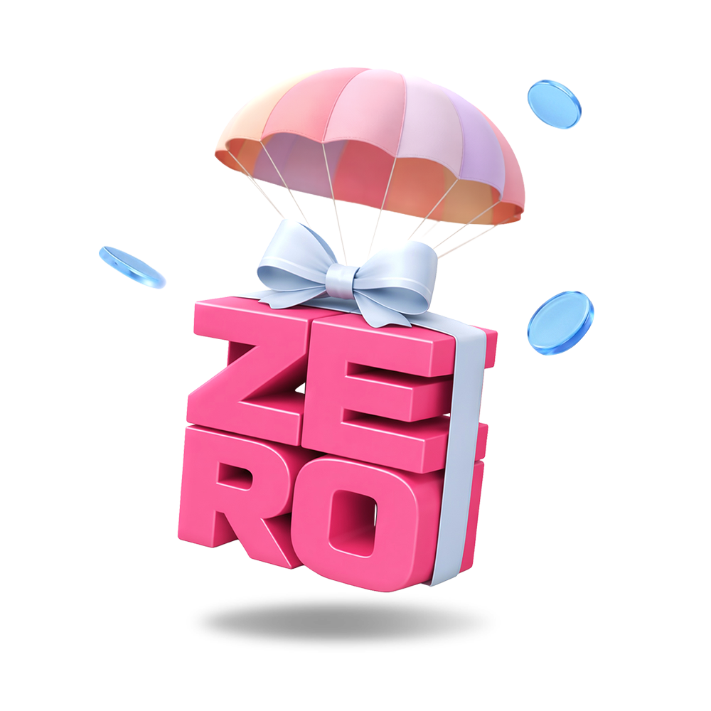 zero글자가 낙하산을 타고 내려오는 모양 배너